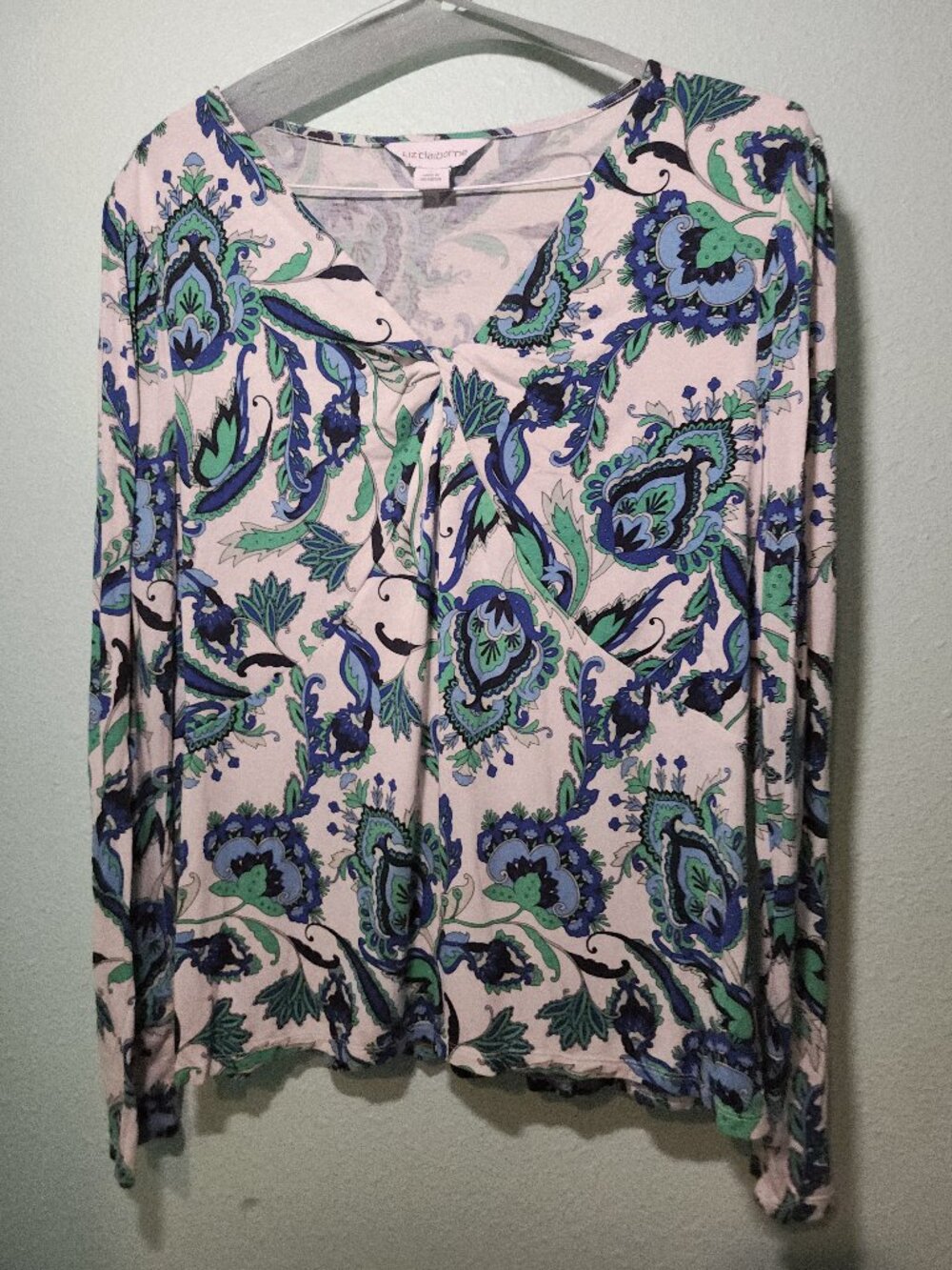 Liz Claiborne Long Sleeve V-Neck Blue-Green Paisley, Sz Medium